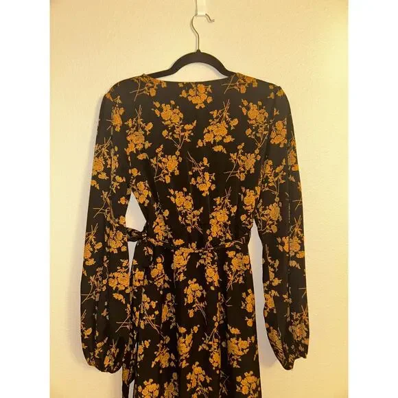 C+D+M Boho Preppy Professional Old Money Black & Gold Floral Wrap Dress - Picture 10 of 14